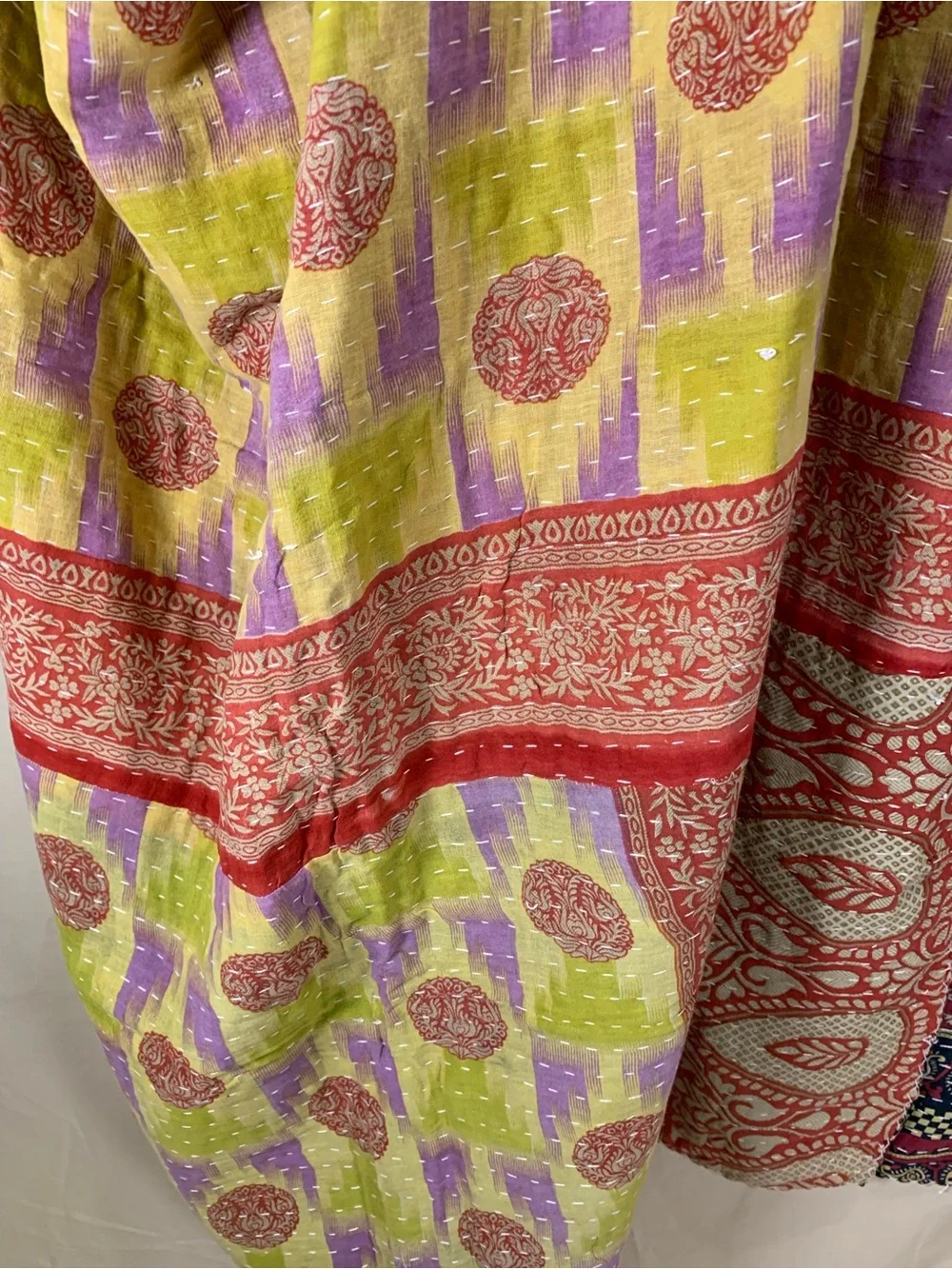 Handmade Kantha Quilt Twin Size Recycled Sari Cotton Maroon Chartreuse Purple
